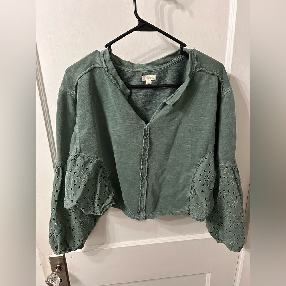 Pilcro Sage Green Blouse with Eyelet Sleeves